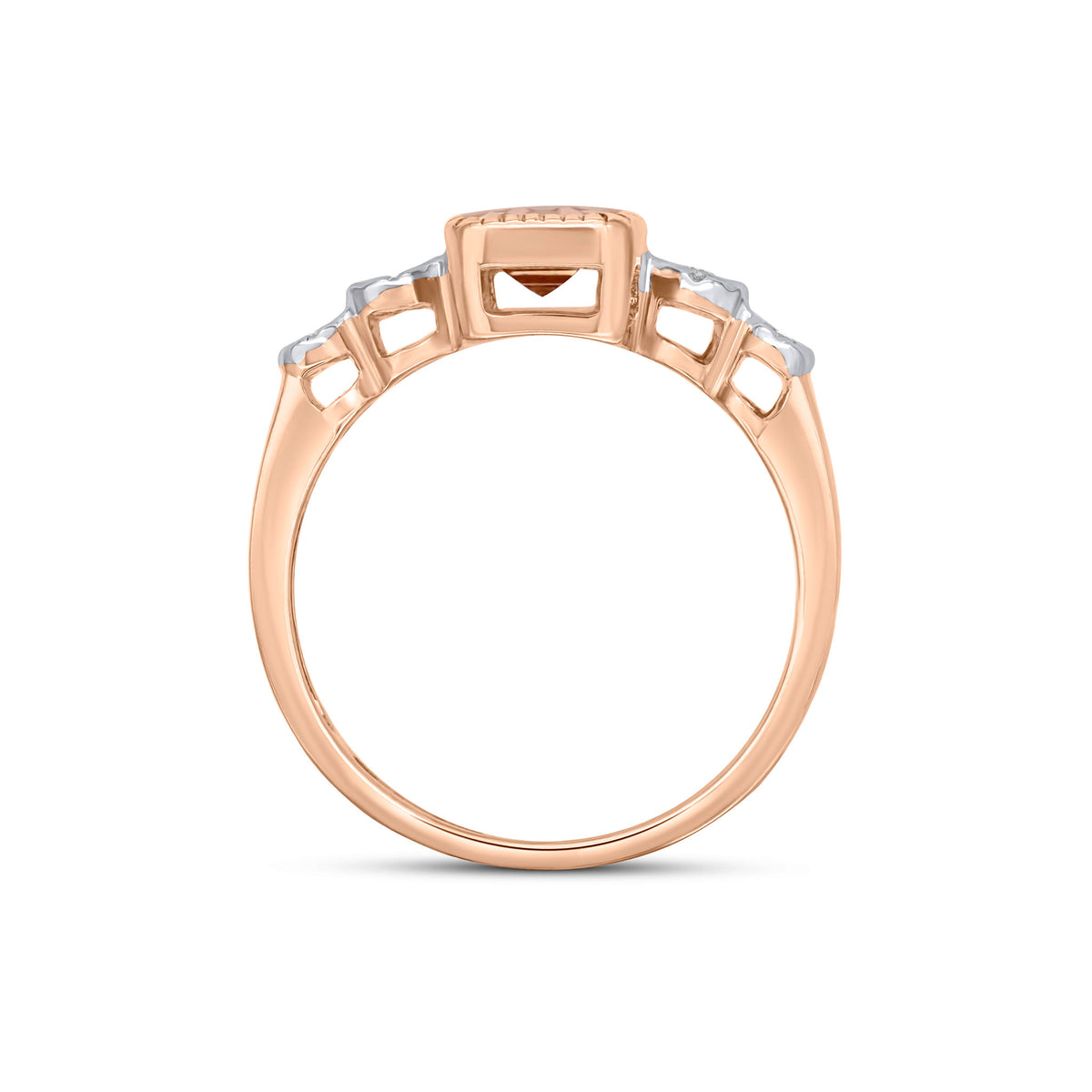 9CT ROSE GOLD MILLEGRAIN OCTAGON MORGANITE AND ILLUSION DIAMOND 4ST SHOULDERS RING