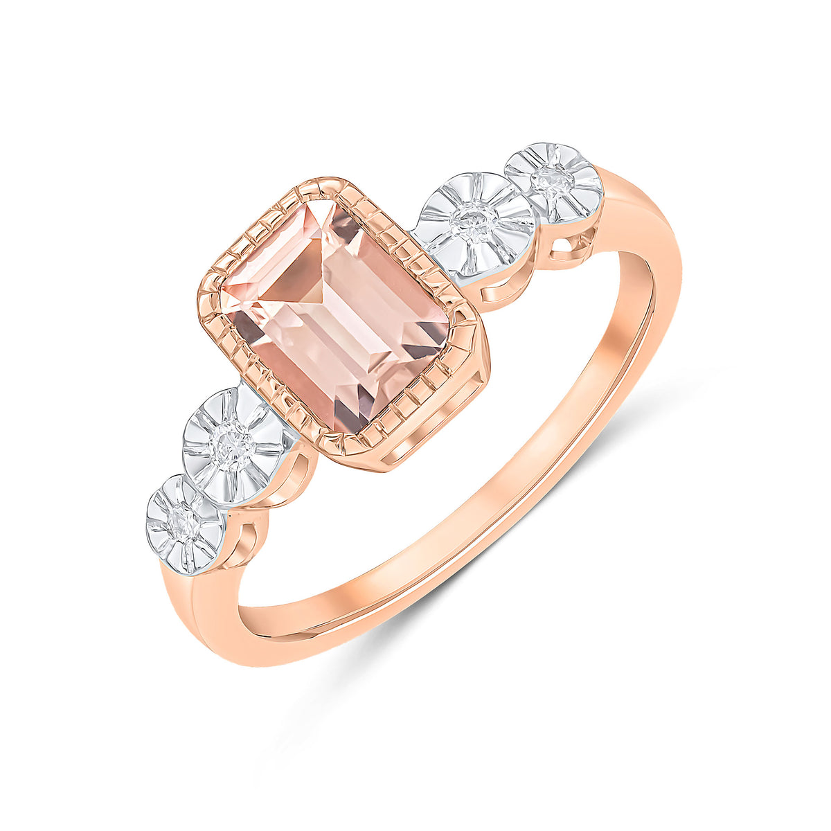 9CT ROSE GOLD MILLEGRAIN OCTAGON MORGANITE AND ILLUSION DIAMOND 4ST SHOULDERS RING