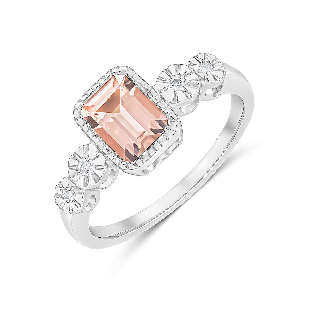 9CT WHITE GOLD MILLEGRAIN OCTAGON MORGANITE AND ILLUSION DIAMOND 4ST SHOULDERS RING