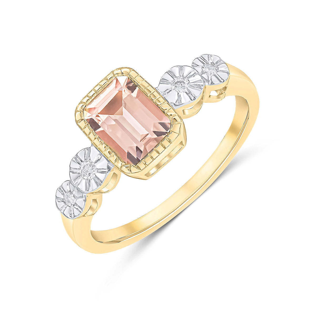 9CT YELLOW GOLD MILLEGRAIN OCTAGON MORGANITE AND ILLUSION DIAMOND 4ST SHOULDERS RING