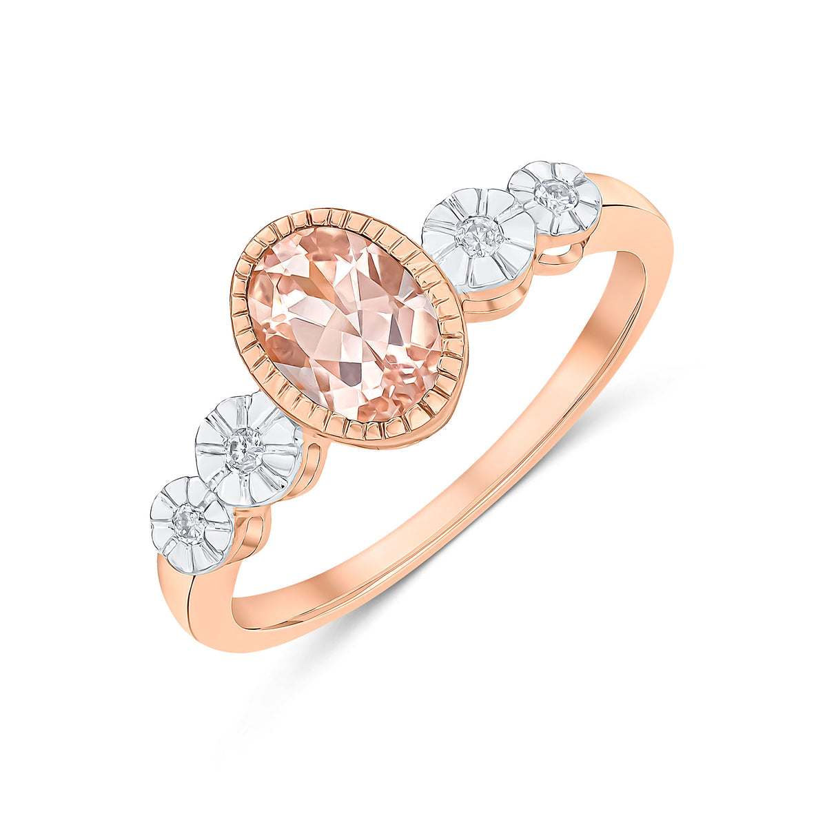 9CT ROSE GOLD MILLEGRAIN OVAL MORGANITE AND ILLUSION DIAMOND 4ST SHOULDERS RING