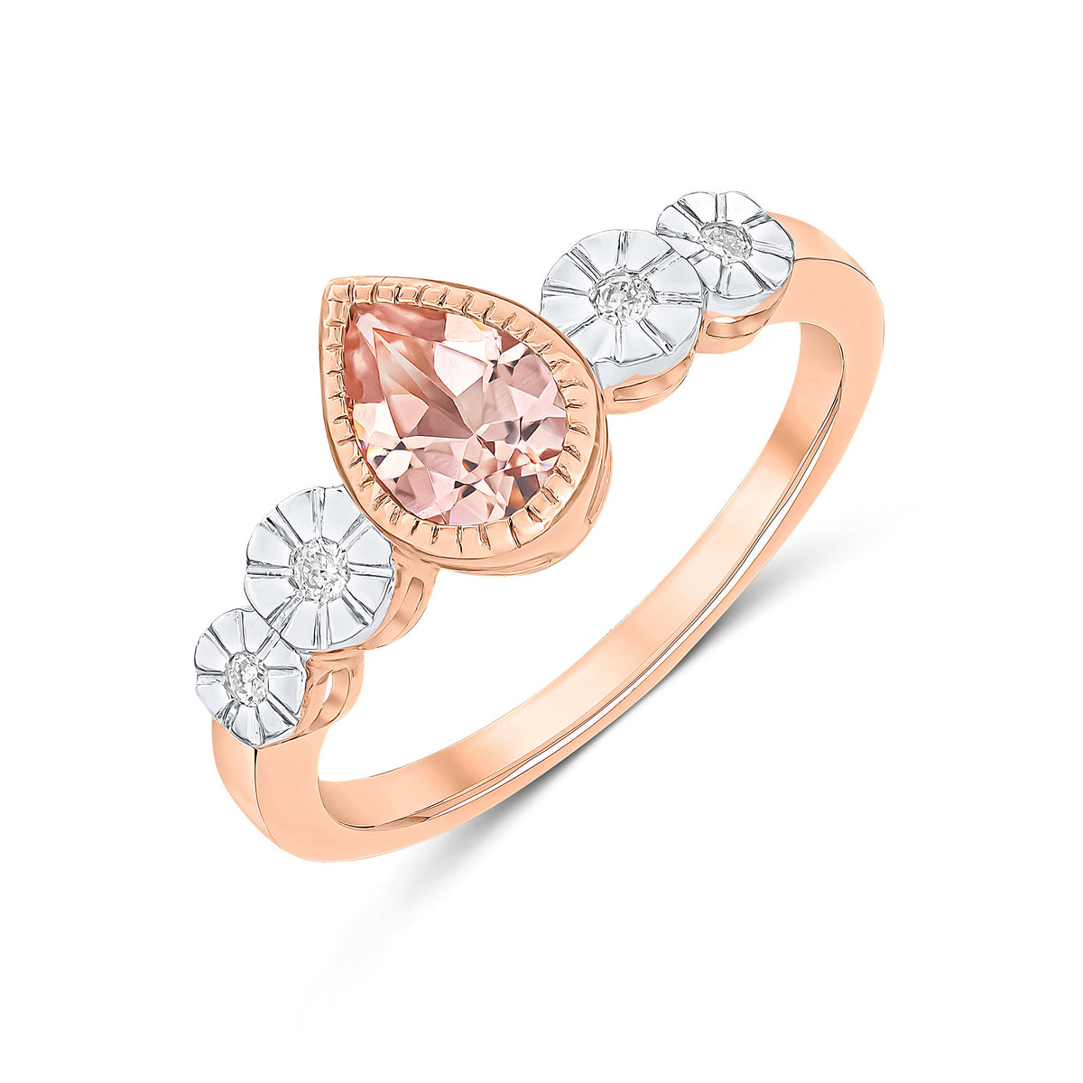 9CT ROSE GOLD MILLEGRAIN PEARSHAPE MORGANITE AND ILLUSION SET ROUND DIAMOND 4ST SHOULDERS RING