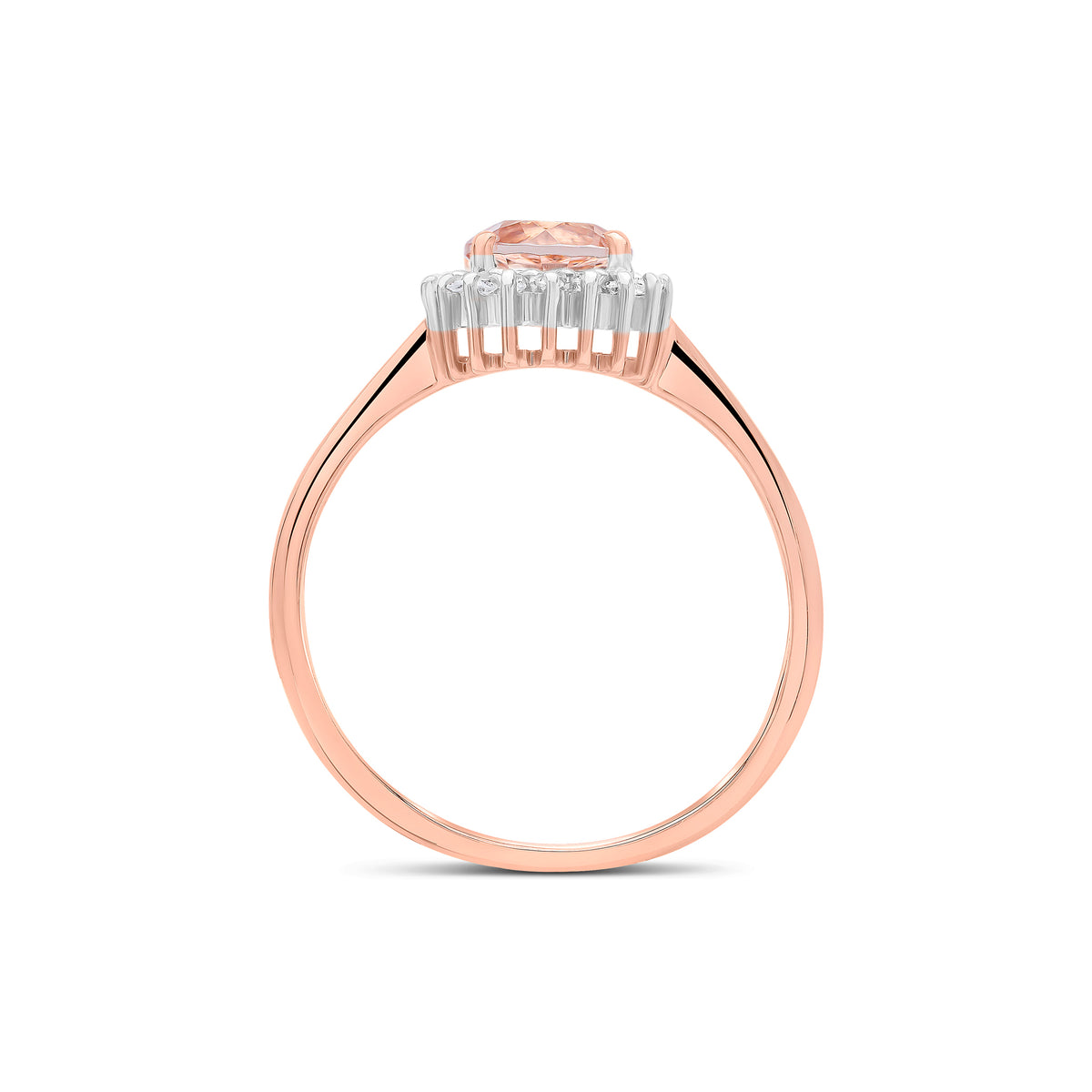 9CT RG 6MM ROUND MORGANITE & DIAMOND CLAW SET CLUSTER RING. RHODIUM TO DIAMONDS