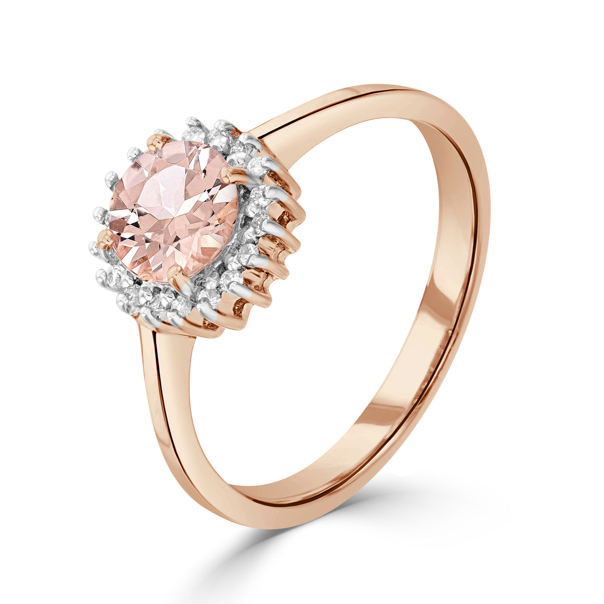 9CT RG 6MM ROUND MORGANITE & DIAMOND CLAW SET CLUSTER RING. RHODIUM TO DIAMONDS