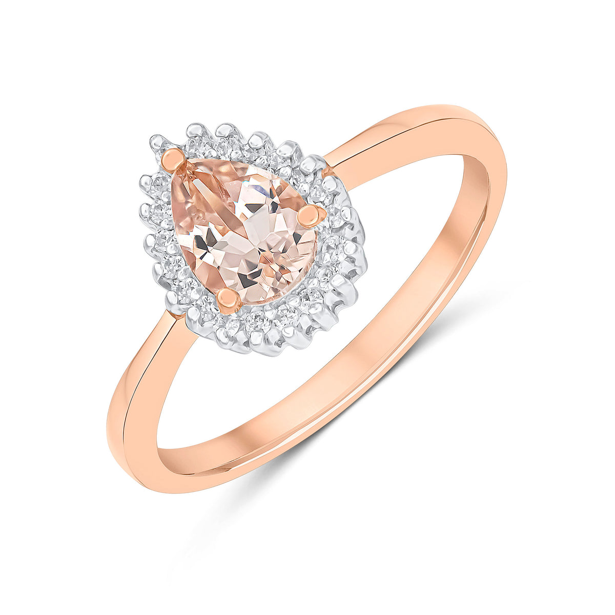 9CT RG 7X5MM PEARSHAPE MORGANITE & DIAMOND CLAW SET CLUSTER RING. RHODIUM TO DIAMONDS