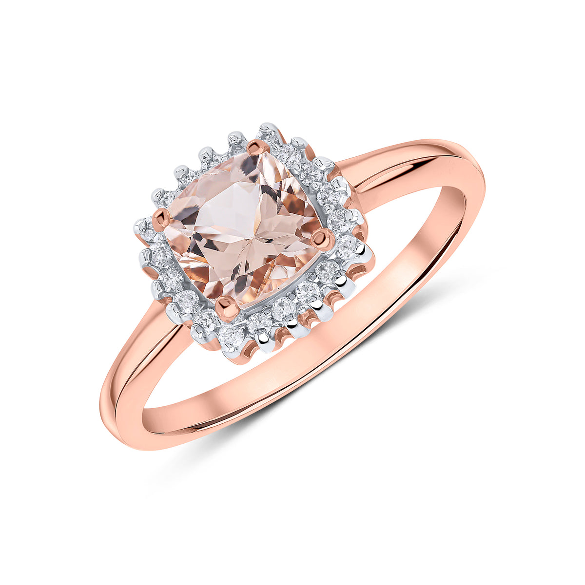 9CT RG 6MM CUSHION MORGAINTE & DIAMOND CLAW SET CLUSTER RING. RHODIUM TO DIAMONDS