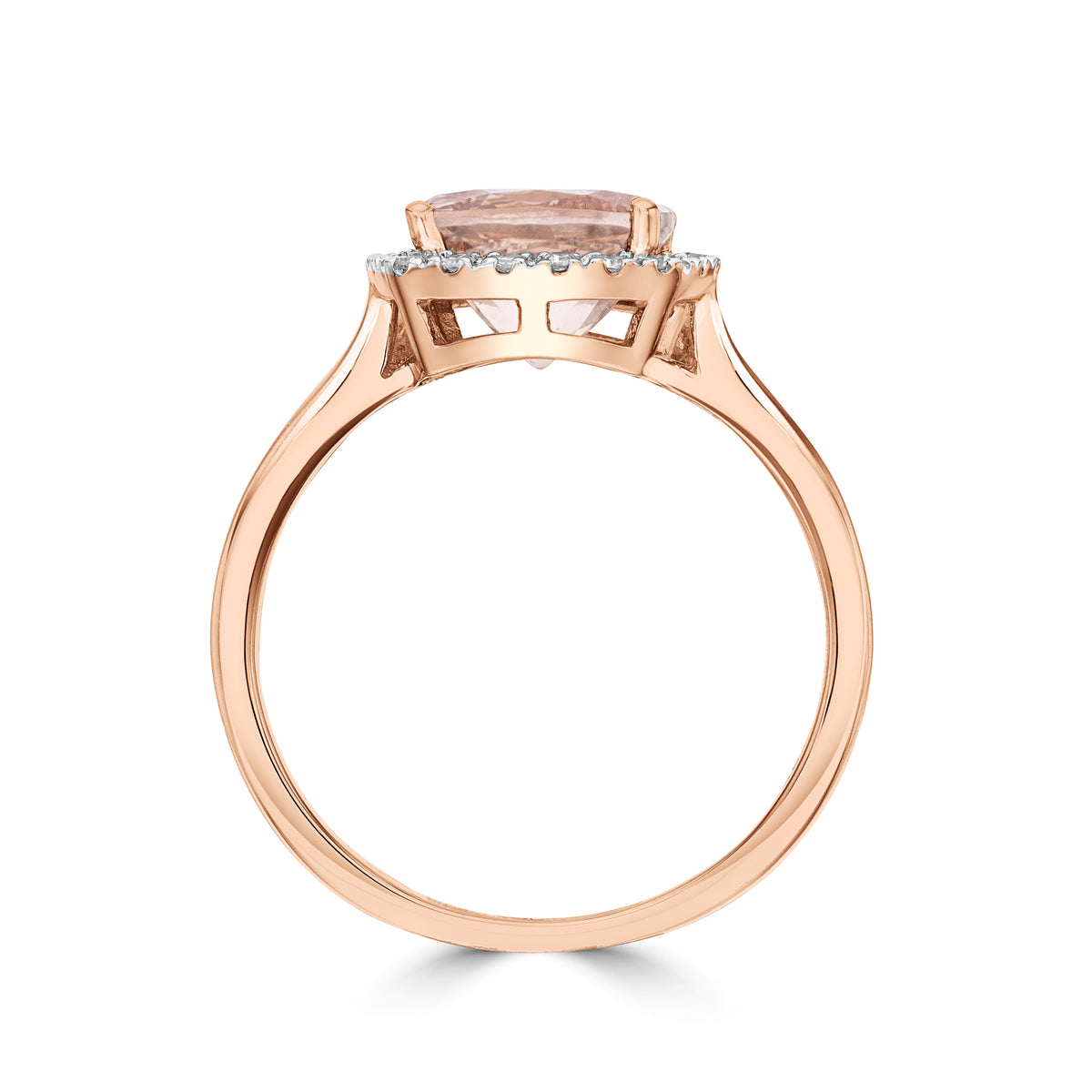 9CT RG 8MM CUSHION MORGANITE & DIAMOND CLUSTER RING. RHODIUM TO DIAMONDS