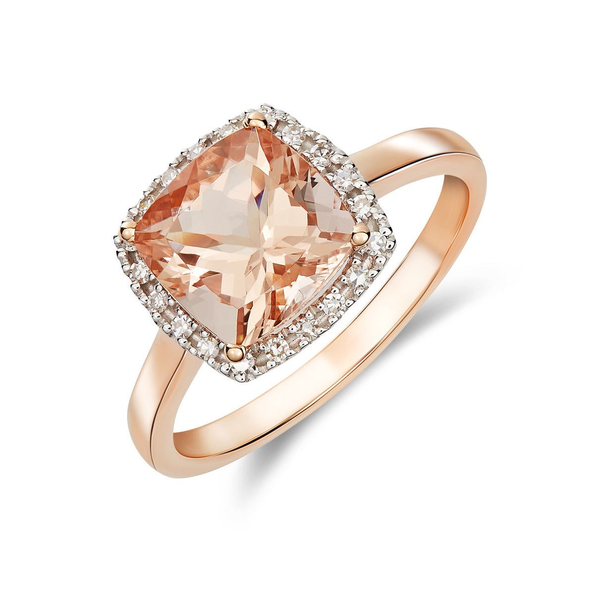 9CT RG 8MM CUSHION MORGANITE & DIAMOND CLUSTER RING. RHODIUM TO DIAMONDS