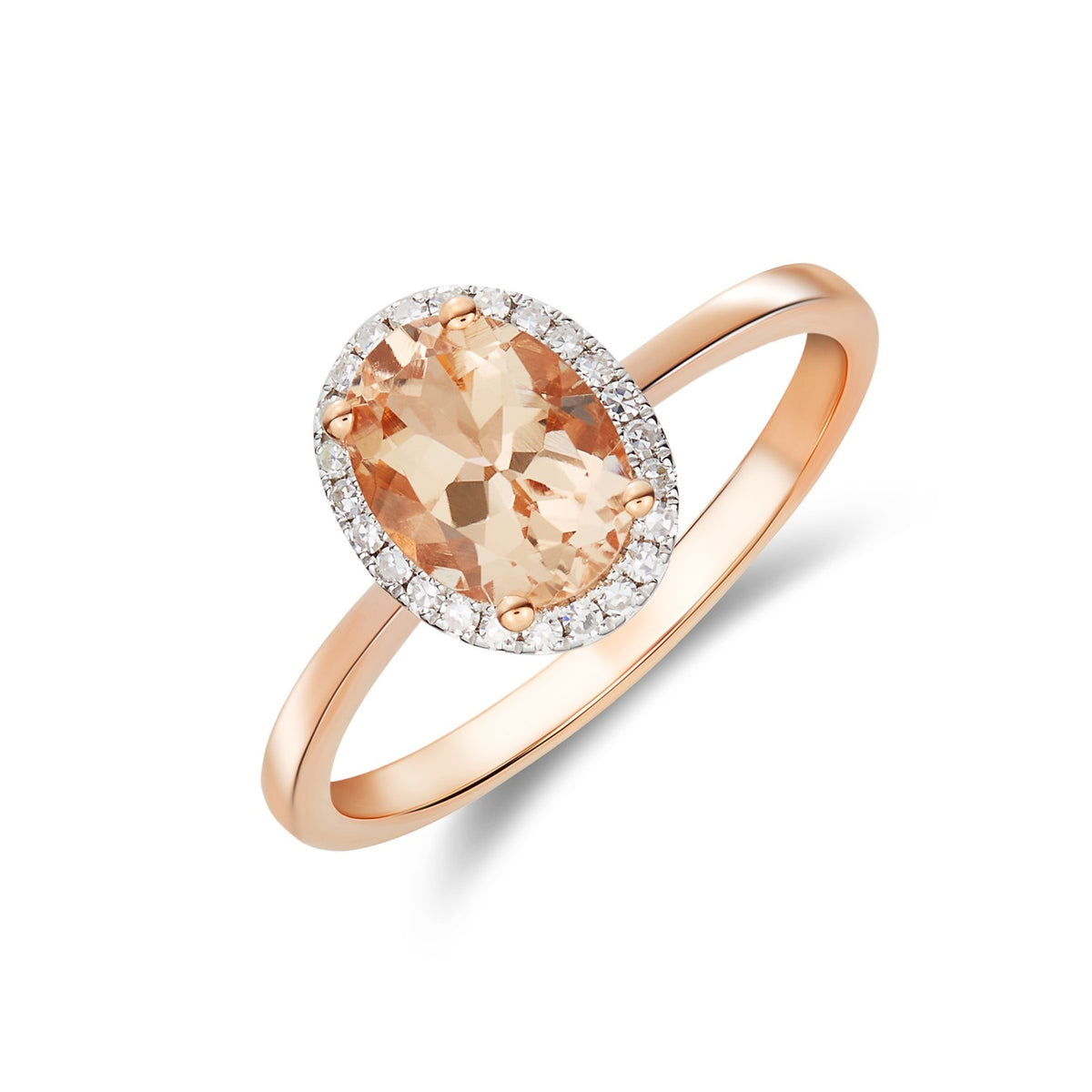 9CT RG 8X6 OVAL MORGANITE AND DIAMOND CLAW SET CLUSTER RING. RHODIUM TO DIAMONDS