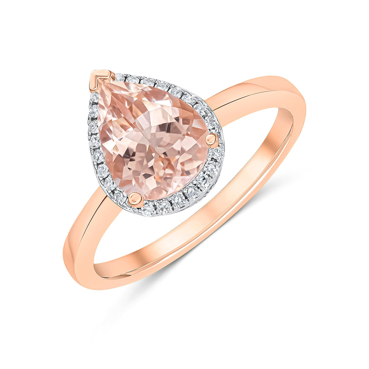 9CT RG 9X7 PEARSHAPE MORGANITE & DIAMOND CLAW SET CLUSTER RING. RHODIUM TO DIAMONDS