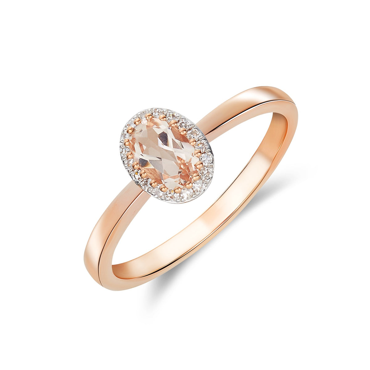 9CT RG 6X4 OVAL MORGANITE AND ROUND DIAMOND CLAW CLUSTER RING. RHODIUM TO DIAMONDS