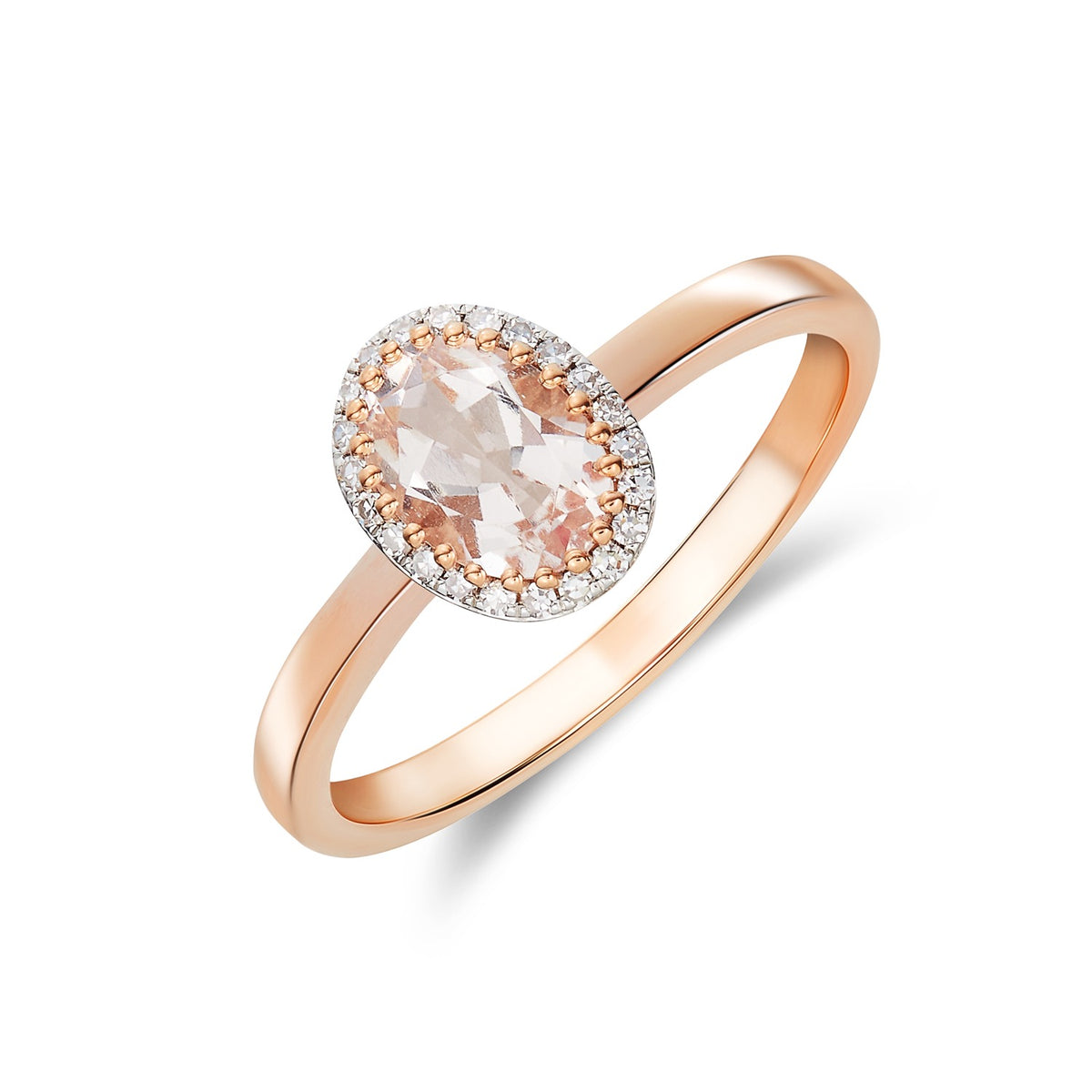9CT ROSE GOLD OVAL MORGANITE AND ROUND DIAMOND CLAW SET CLUSTER RING. RHODIUM TO DIAMONDS