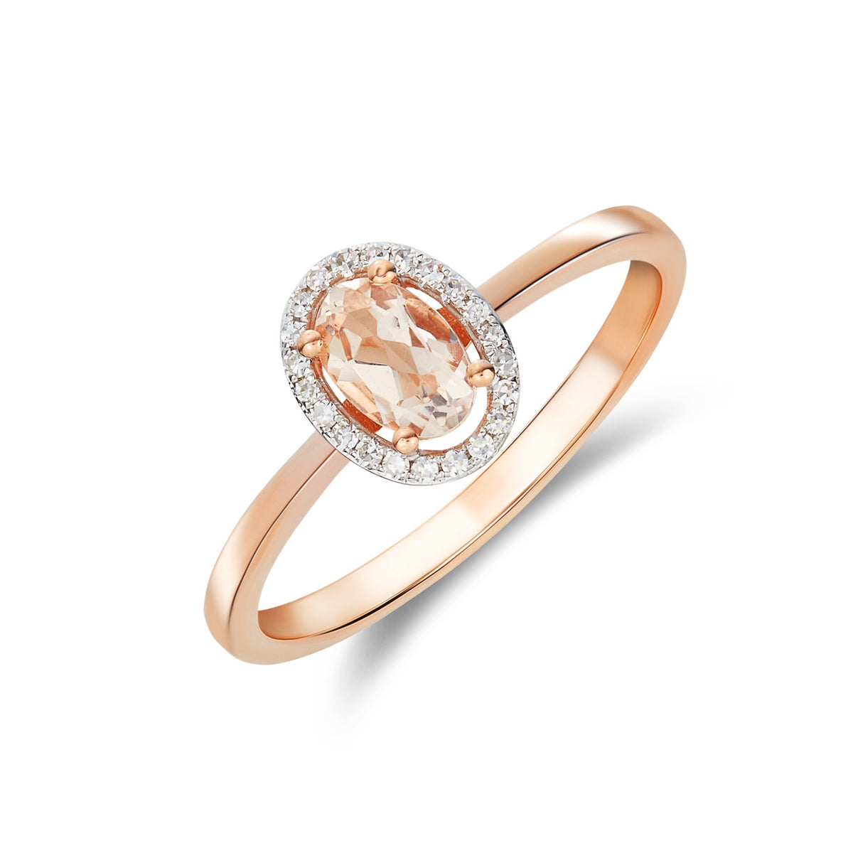 9CT RG 6X4 OVAL MORGANITE AND ROUND DIAMOND HALO CLUSTER RING. RHODIUM TO DIAMONDS
