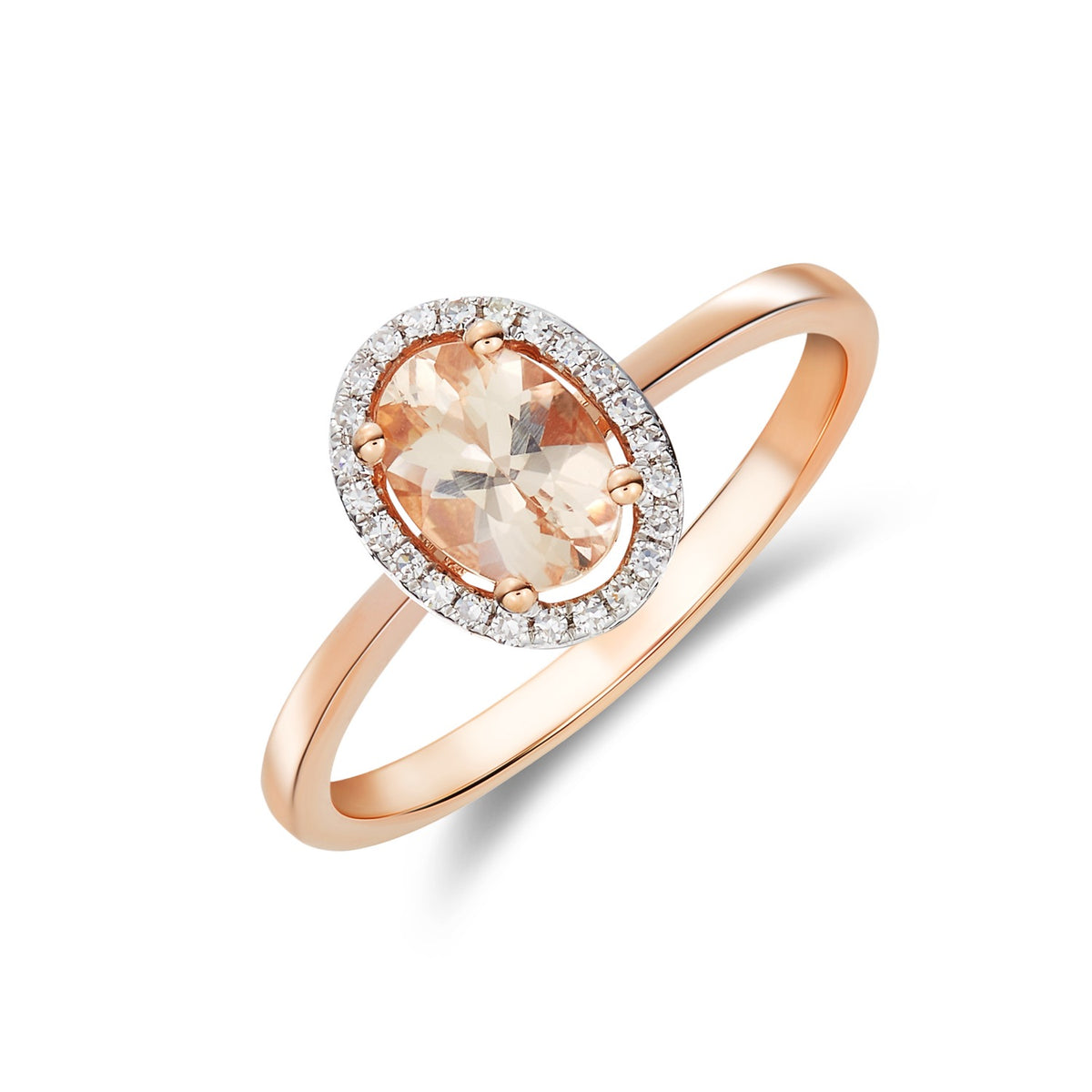 9CT RG 7X5 OVAL MORGANITE & DIAMOND HALO CLAW SET CLUSTER RING. RHODIUM TO DIAMONDS