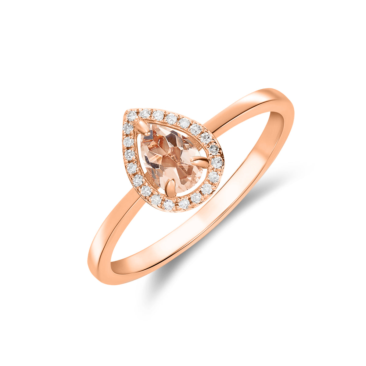 9CT RG 6X4 PEARSHAPE MORGANITE & DIAMOND HALO CLAW CLUSTER RING. RHDOIUM TO DIAMONDS