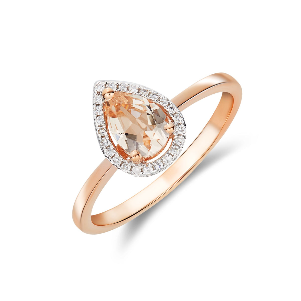 9CT RG 7X5 PEARSHAPE MORGANITE & DIAMOND HALO CLAW CLUSTER RING. RHODIUM TO DIAMONDS
