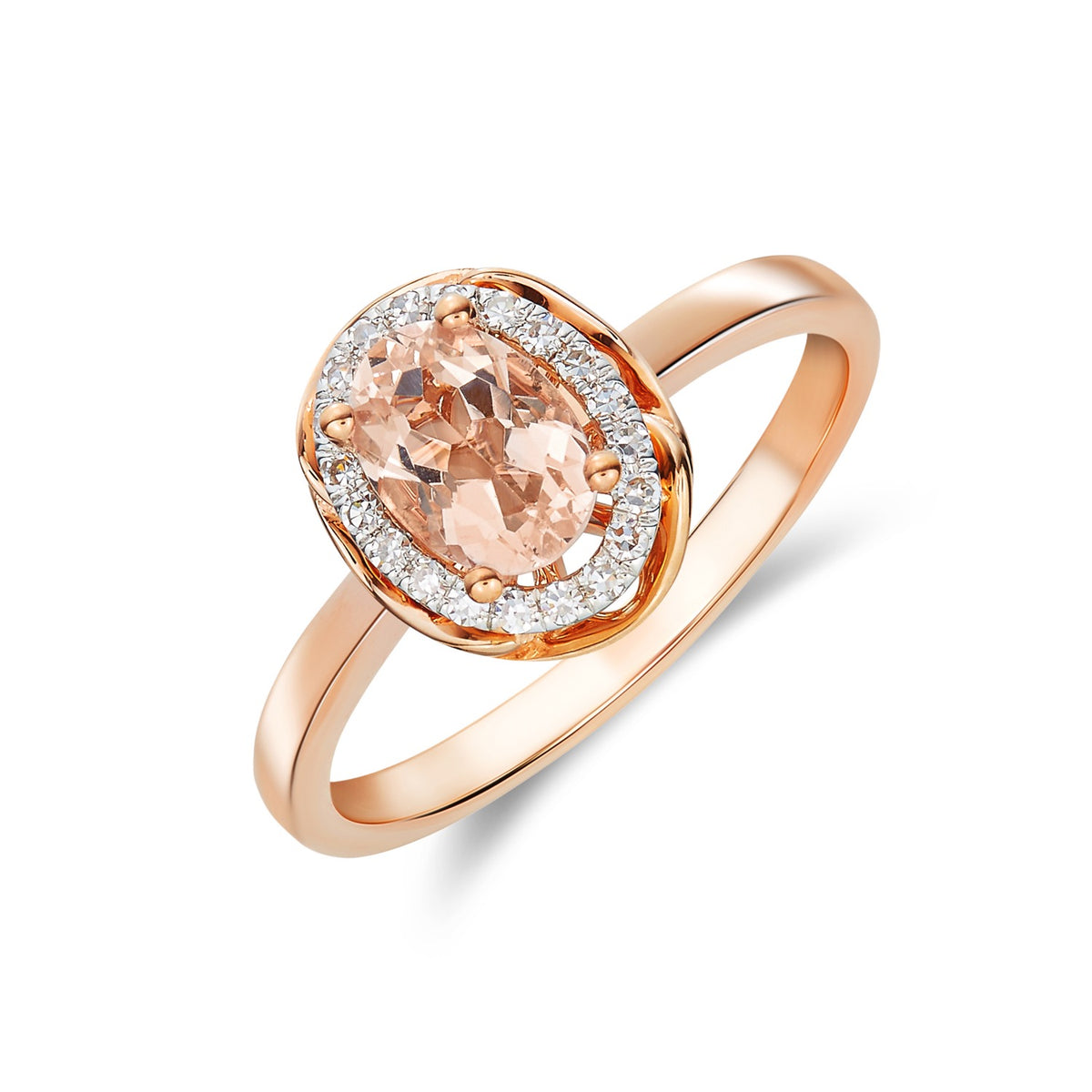 9CT RG 7X5 OVAL MORGANITE & DIAMOND CLUSTER RING WITH ROPE EDGE. RHODIUM TO DIAMONDS