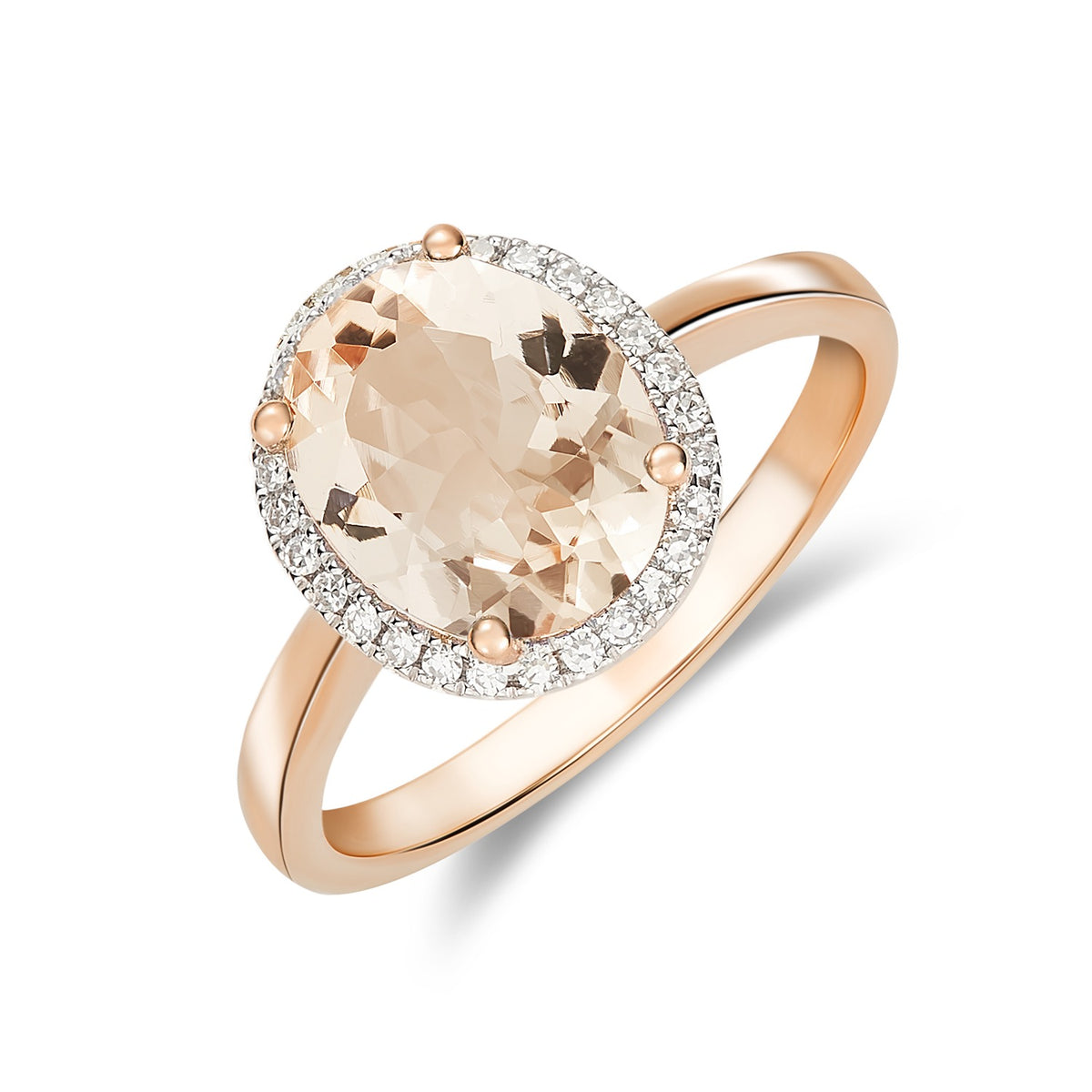 9CT RG 10X8 OVAL MORGANITE AND DIAMOND CLAW SET CLUSTER RING. RHODIUM TO DIAMONDS
