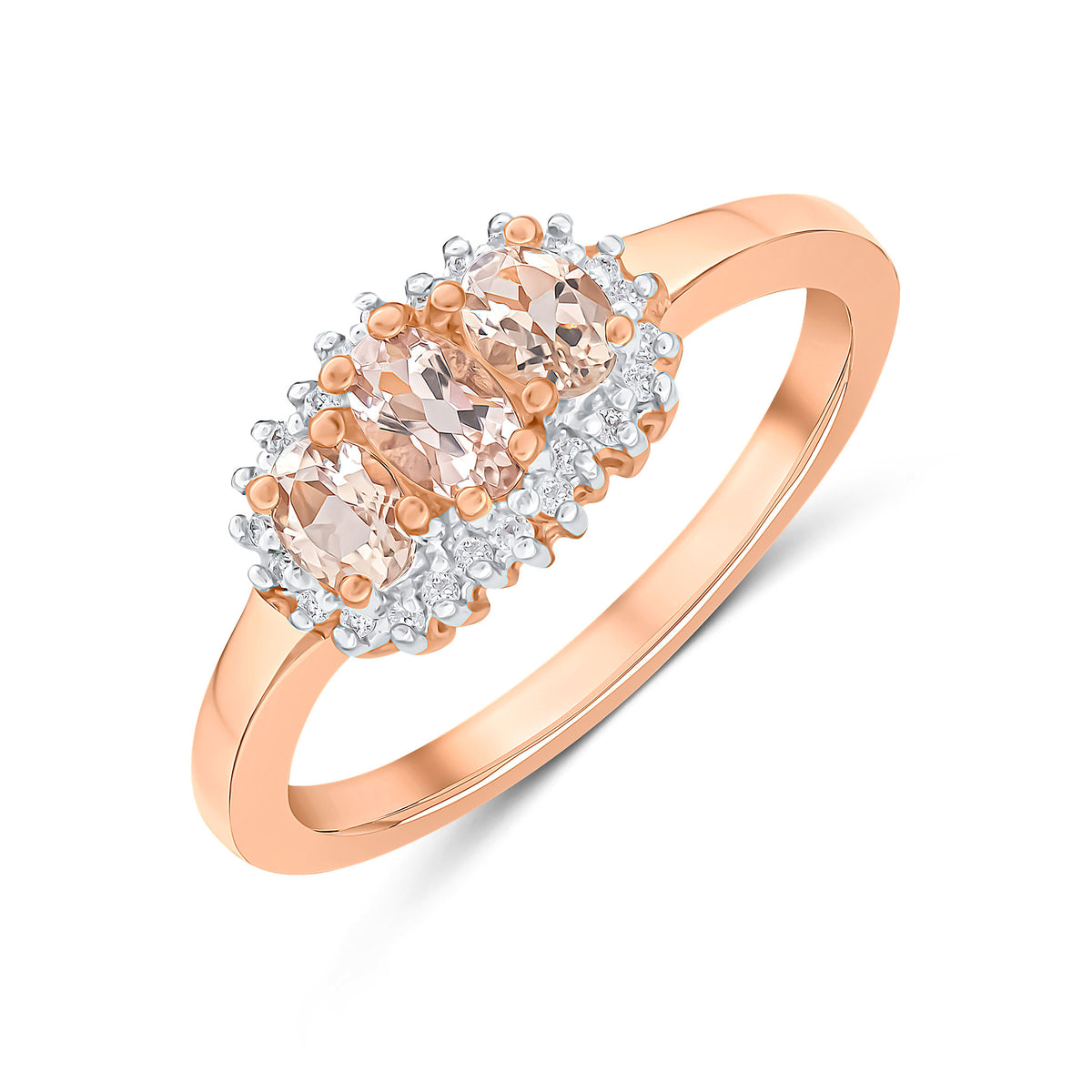 9CT RG OVAL MORGANITE AND DIAMOND TRIPLE CLUSTER RING. RHODIUM TO DIAMONDS