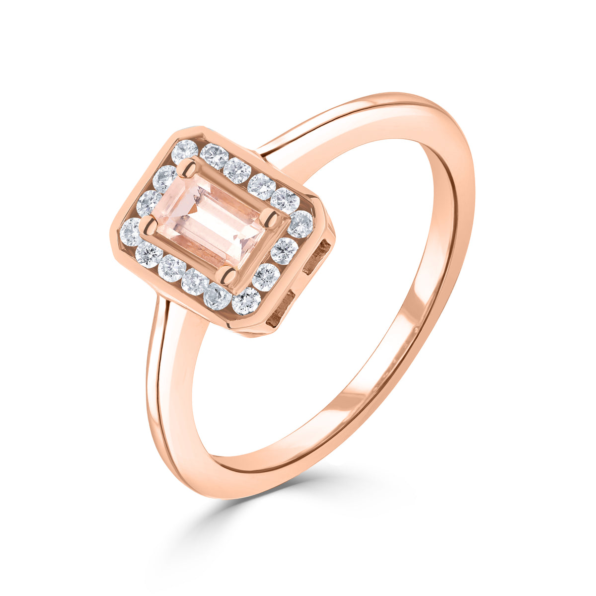 9CT RG 5X3 CLAW SET OCTAGON MORGANITE & CHANNEL SET DIAMOND SHOULDERS