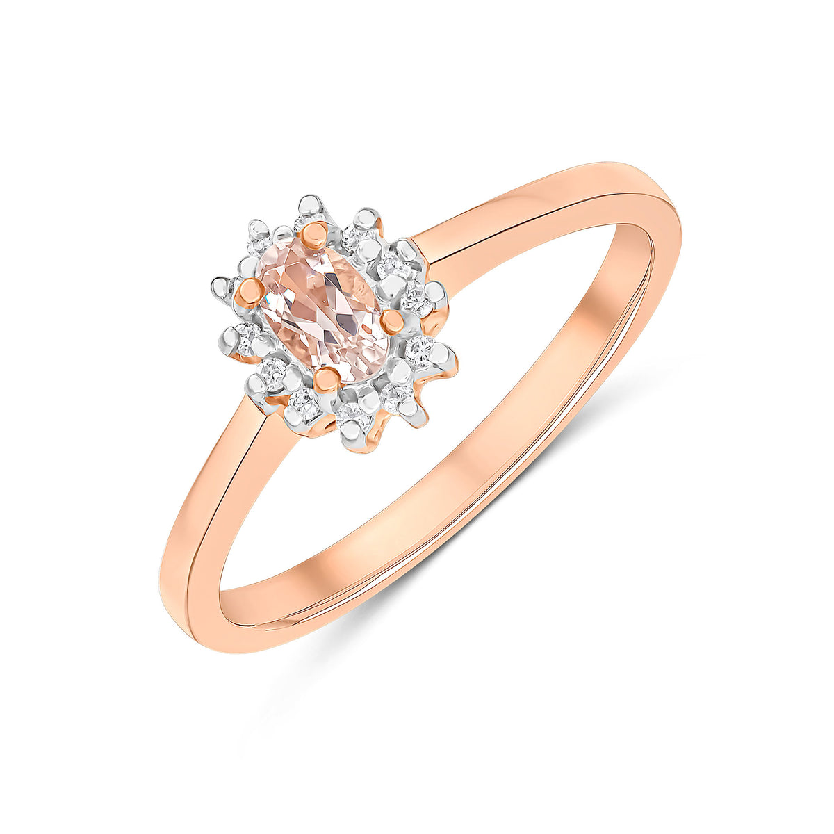 9CT RG 5X3 OVAL MORGNITE & DIAMOND CLAW SET CLUSTER RING. RHODIUM TO DIAMONDS