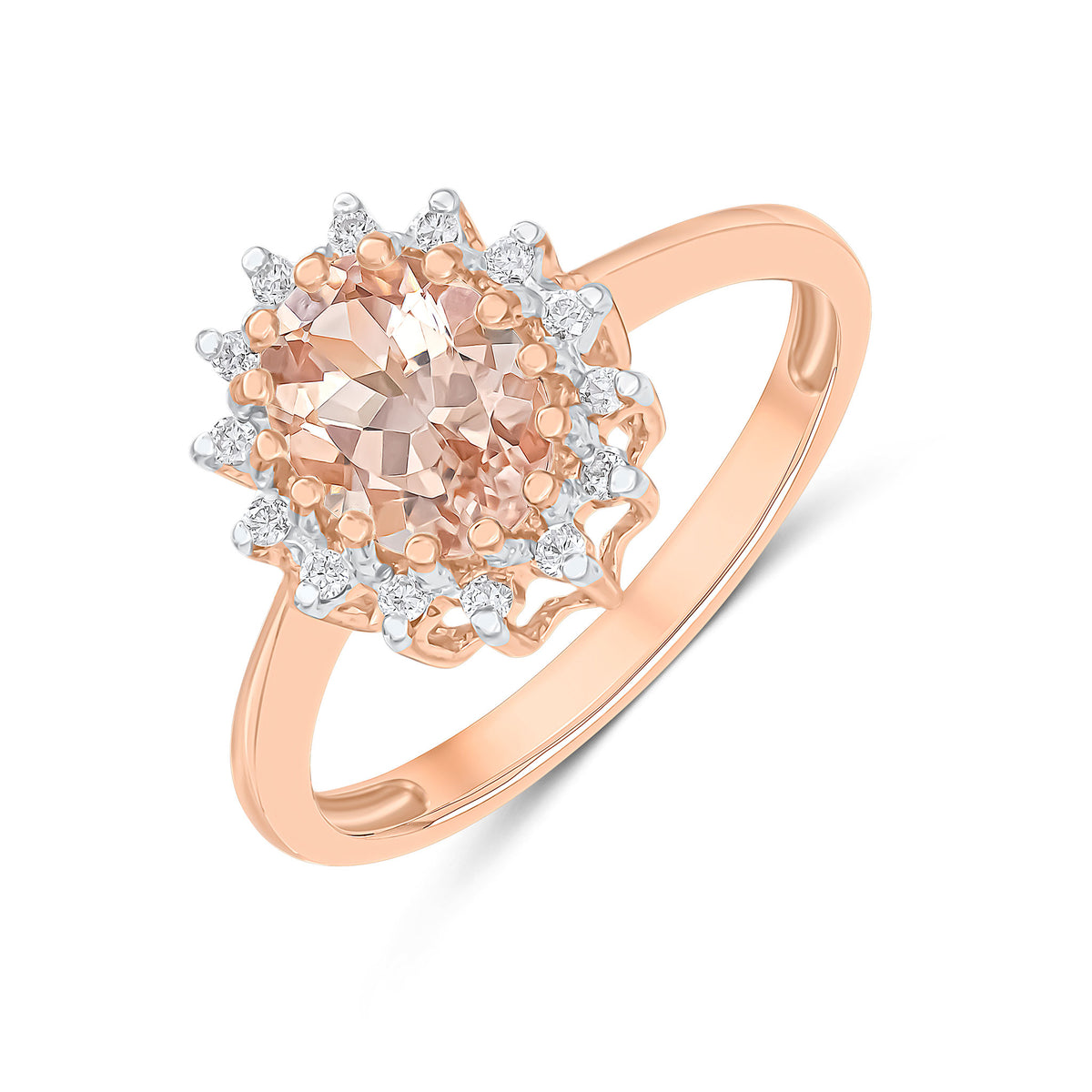 9CT RG 8X6 OVAL MORGANITE & DIAMOND CLAW SET CLUSTER RING. RHODIUM TO DIAMONDS