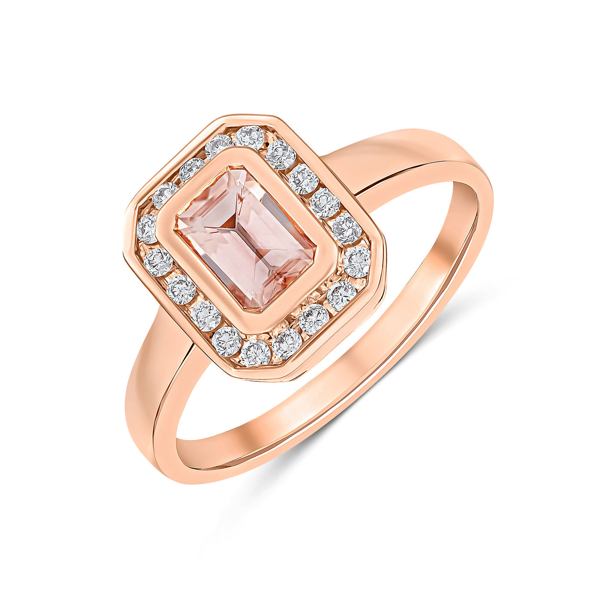9CT RG RUBOVER 6X4 OCTAGON MORGANITE & CHANNEL SET DIAMOND CLUSTER RING