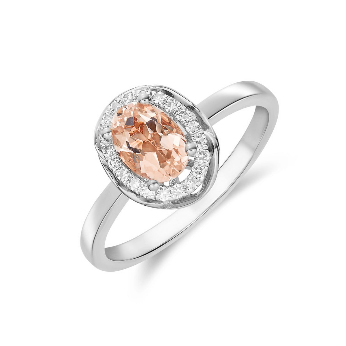9CT WG 7X5 OVAL MORGANITE & DIAMOND CLUSTER RING WITH ROPE EDGE