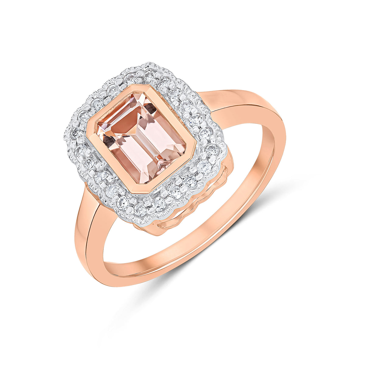 9CT RG RUBOVER 7X5 OCTAGON MORGANITE AND DIAMOND CLUSTER RING WITH MILLEGRAIN EDGE. RHODIUM TO DIAMONDS