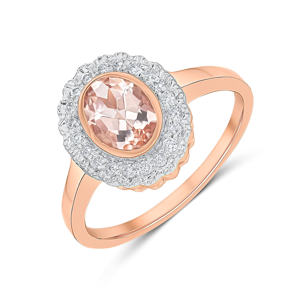 9CT ROSE GOLD RUBOVER OVAL MORGANITE AND MILLEGRAIN ROUND DIAMOND CLUSTER RING. RHODIUM TO DIAMONDS