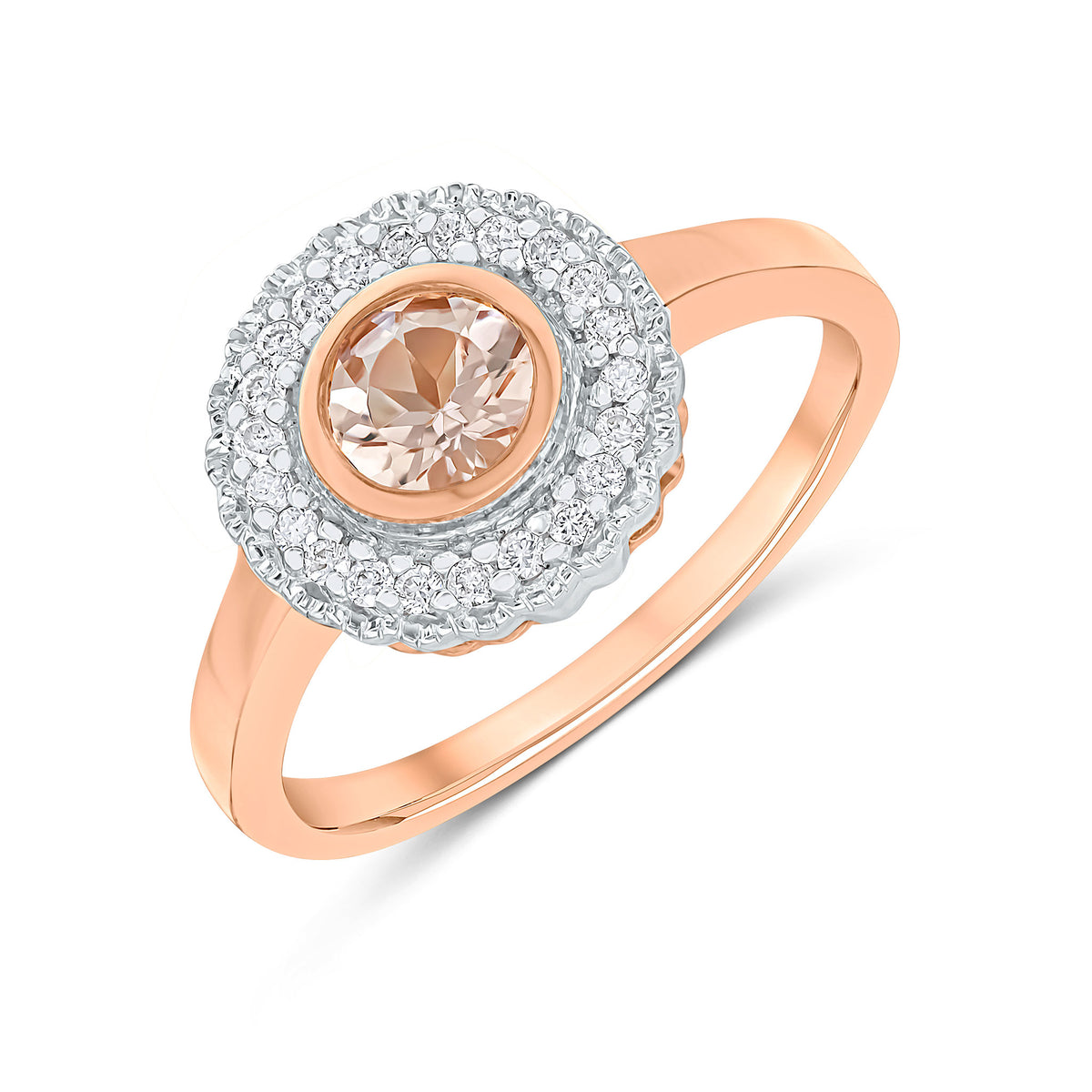 9CT ROSE GOLD ROUND RUBOVER MORGANITE AND MILLEGRAIN ROUND DIAMOND CLUSTER RING. RHODIUM TO DIAMONDS
