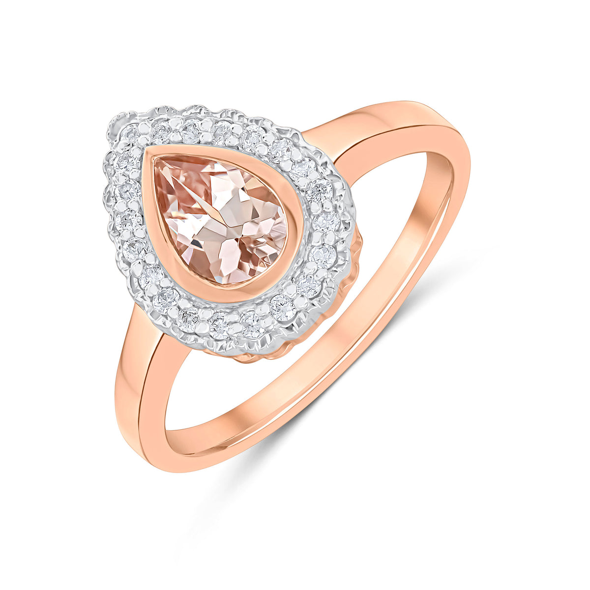 9CT ROSE GOLD PEARSHAPE RUBOVER MORGANITE AND MILLEGRAIN ROUND DIAMOND CLUSTER RING. RHODIUM TO DIAMONDS