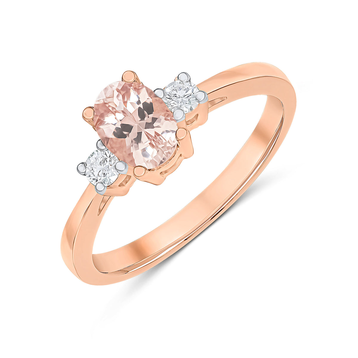 9CT RG 6X4 OVAL MORGANITE AND ROUND DIAMOND CLAW SET 3ST RING. RHODIUM TO DIAMONDS