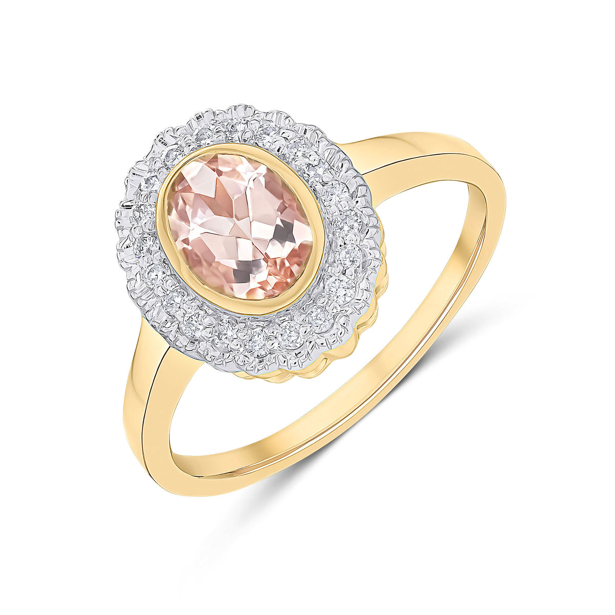 9CT YG RUBOVER OVAL MORGANITE AND MILLEGRAIN ROUND DIAMOND CLUSTER RING. RHODIUM TO DIAMONDS