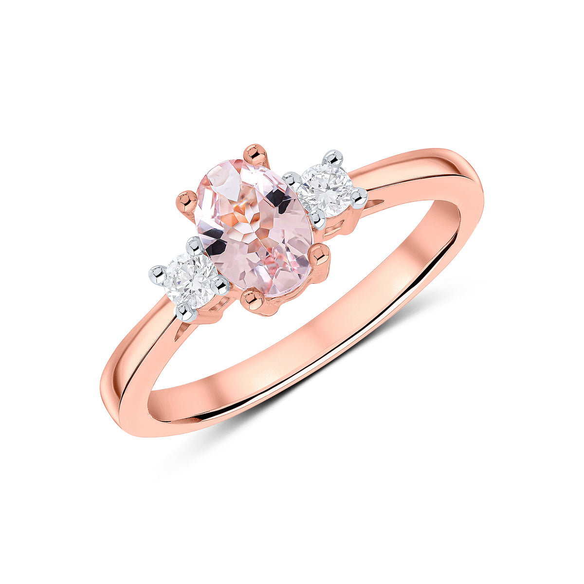 9CT RG 7X5 OVAL MORGANITE AND ROUND DIAMOND CLAW SET 3ST RING. RHODIUM TO DIAMONDS
