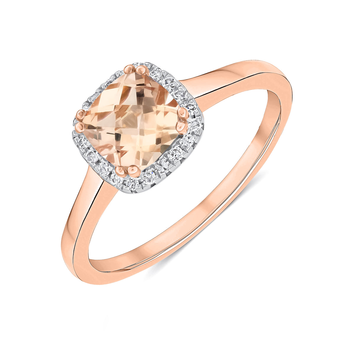 9CT RG 6MM CHECKERBOARD CUT CUSHION MORGANITE & DIAMOND CLAW SET CLUSTER RING