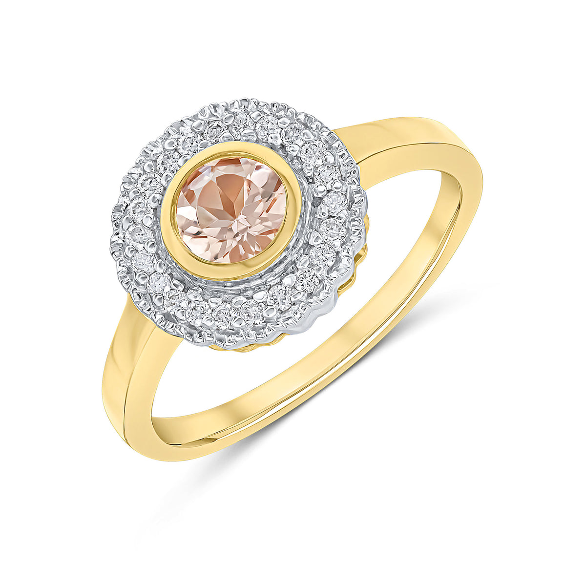 9CT YELLOW GOLD ROUND RUBOVER MORGANITE AND MILLEGRAIN ROUND DIAMOND CLUSTER RING. RHODIUM TO DIAMONDS