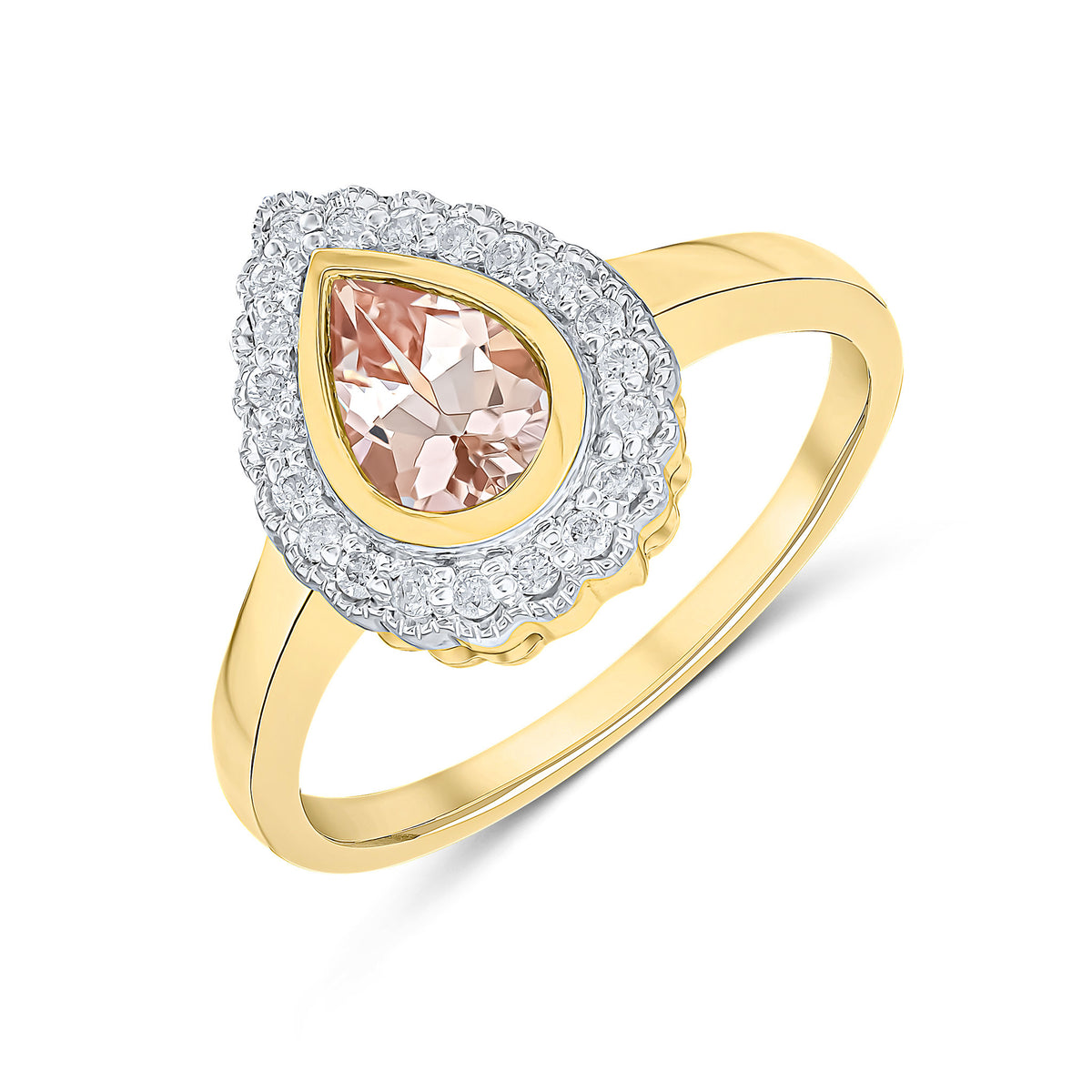 9CT YELLOW GOLD PEARSHAPE RUBOVER MORGANITE AND MILLEGRAIN ROUND DIAMOND CLUSTER RING. RHODIUM TO DIAMONDS