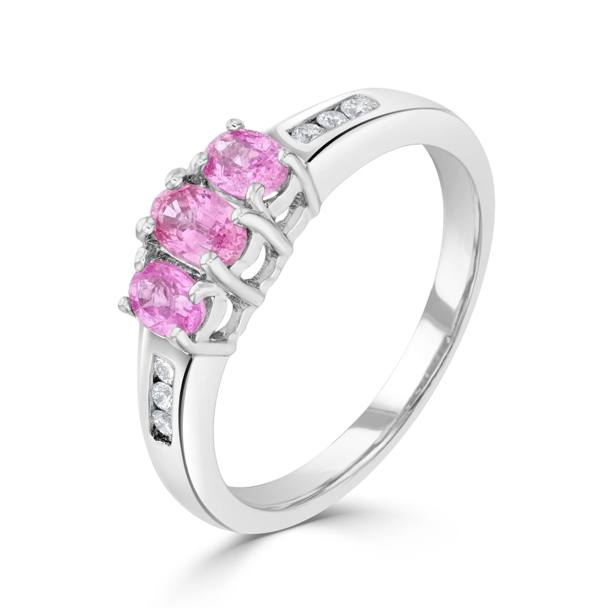 9CT WG OVAL PINK SAPPHIRE 3ST RING WITH CHANNEL SET DIAMOND SHOULDERS