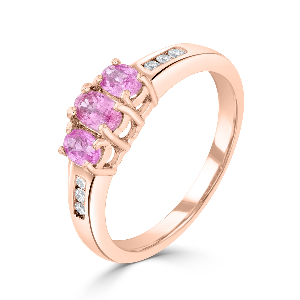 9CT WG OVAL PINK SAPPHIRE 3ST RING WITH CHANNEL SET DIAMOND SHOULDERS