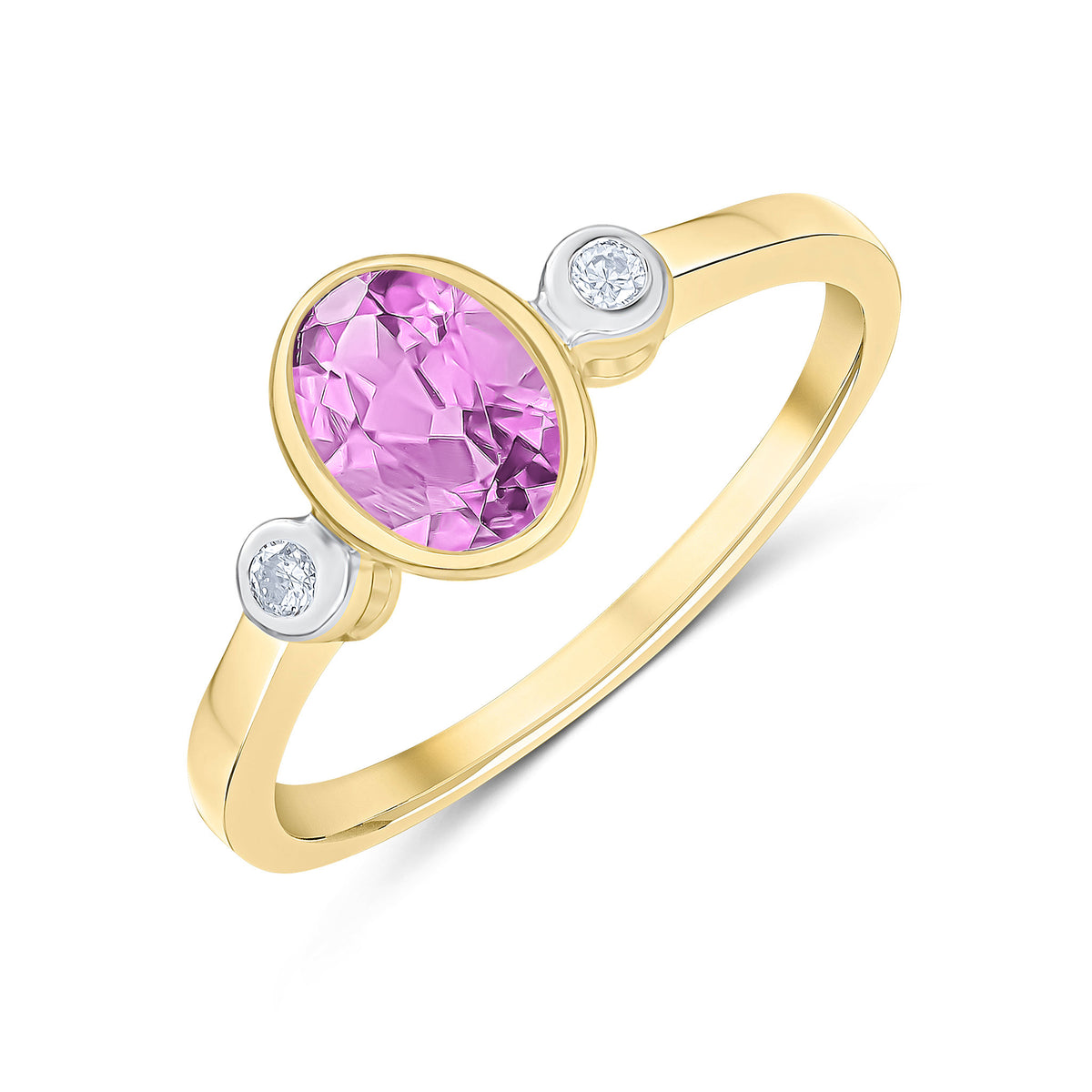9CT YG 7X5 OVAL PINK SAPPHIRE AND ROUND DIAMOND 3ST RUBOVER RING. RHODIUM TO DIAMONDS * STONE SHORTAGE SO CAN'T ORDER *