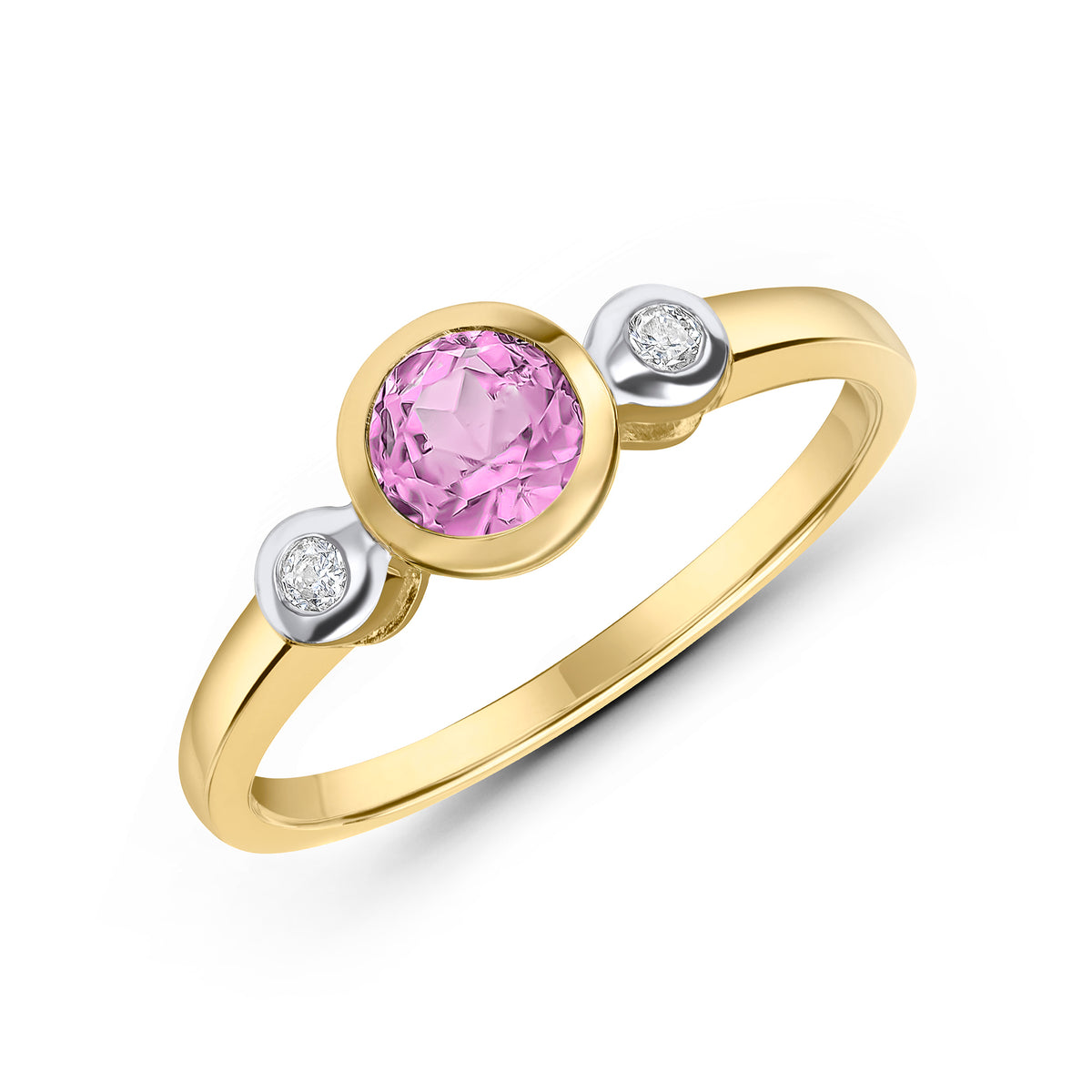 9CT YG 5MM ROUND PINK SAPPHIRE AND DIAMOND 3ST RUBOVER RING.RHODIUM TO DIAMONDS * STONE SHORTAGE SO CAN'T ORDER *