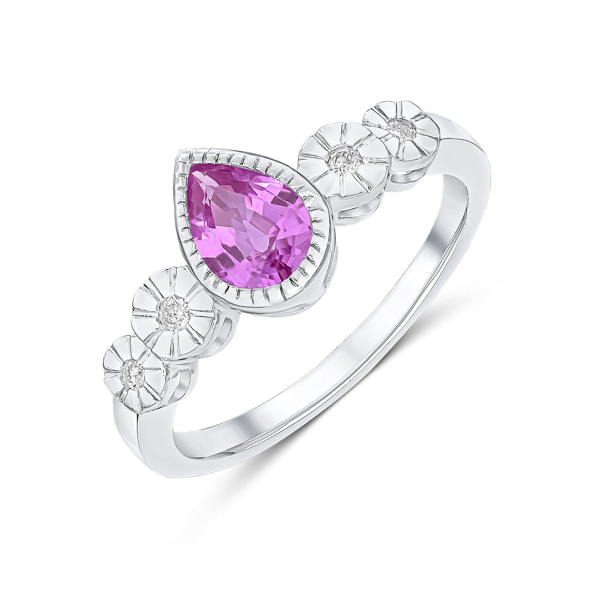 9CT WHITE GOLD MILLEGRAIN PEARSHAPE PINK SAPPHIRE AND ILLUSION DIAMOND 4ST SHOULDERS RING