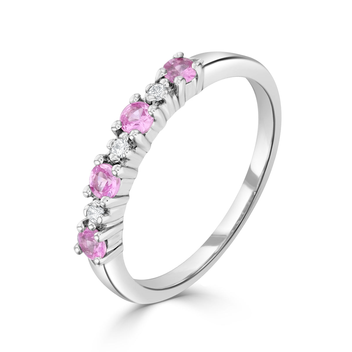 9CT WG ROUND PINK SAPPHIRE & DIAMOND 7ST CLAW SET RING