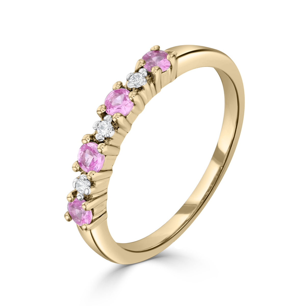 9CT YG ROUND PINK SAPPHIRE & DIAMOND 7ST CLAW SET RING