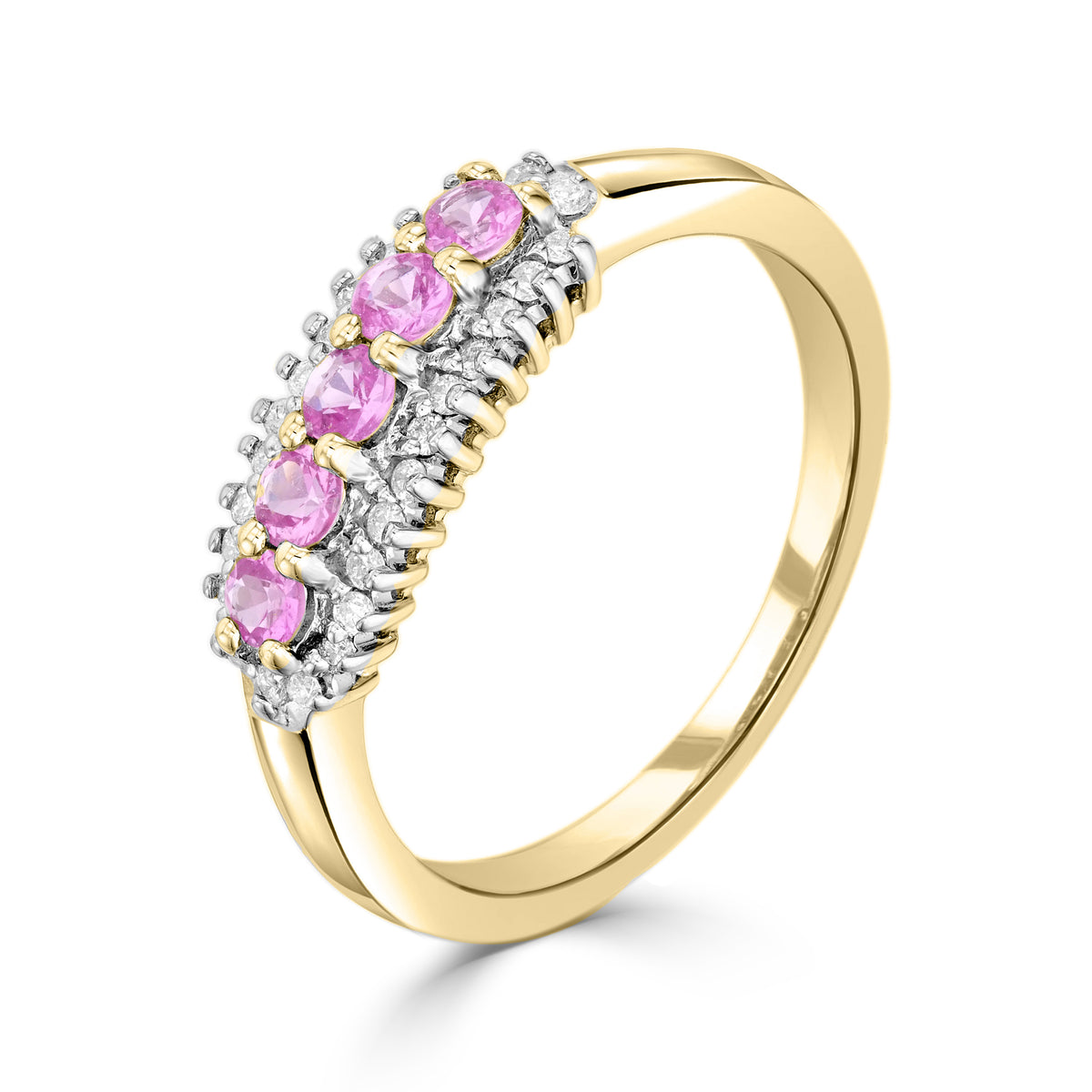 9CT YG ROUND PINK SAPPHIRE AND ROUND DIAMOND 3 ROW CLAW SET BAND RING. RHODIUM TO DIAMONDS