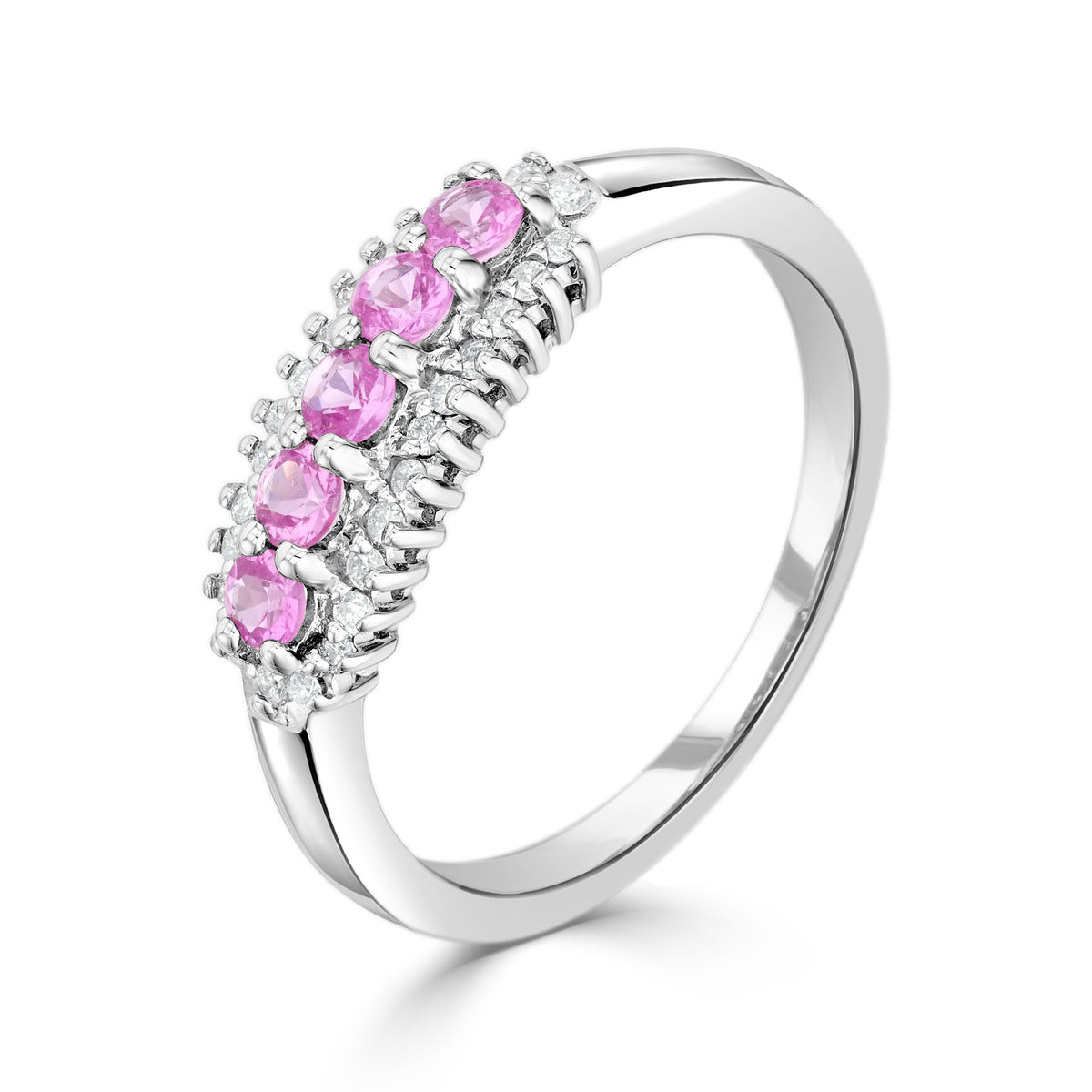 9CT WG ROUND PINK SAPPHIRE AND ROUND DIAMOND 3 ROW CLAW SET BAND RING