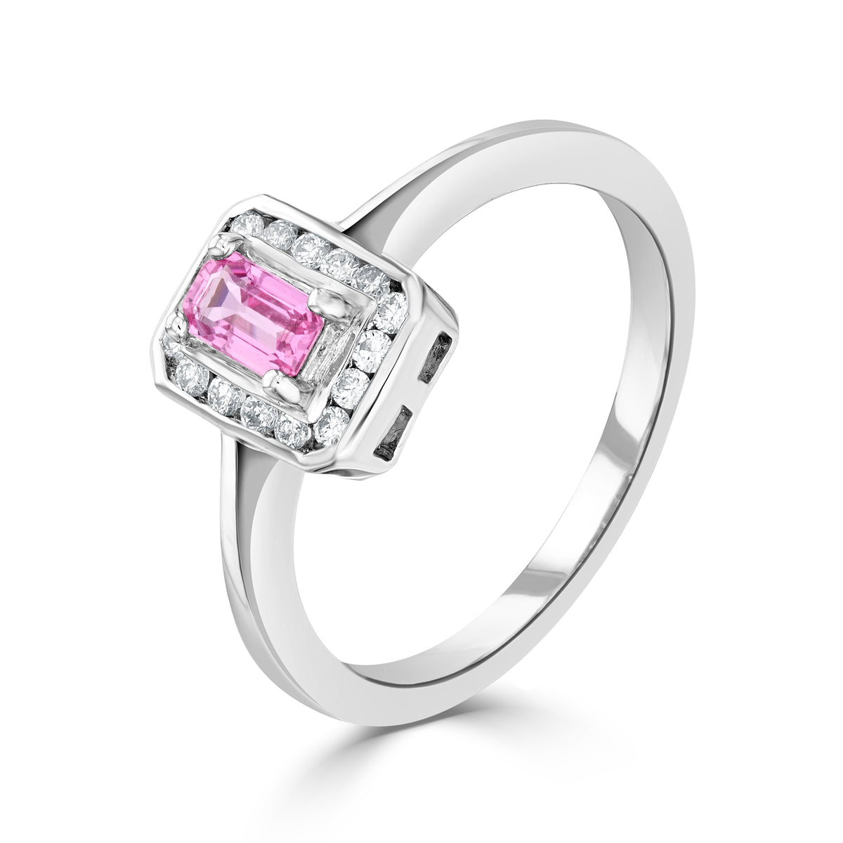 9CT WG CLAW SET 5X3 OCTAGON PINK SAPPHIRE AND CHANNEL SET ROUND DIAMOND CLUSTER RING