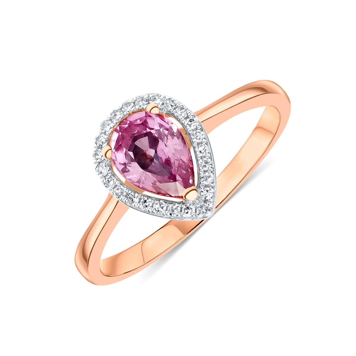 9CT RG 7X5 PEARSHAPE PINK SAPPHIRE & DIAMOND HALO CLAW CLUSTER RING. RHODIUM TO DIAMONDS