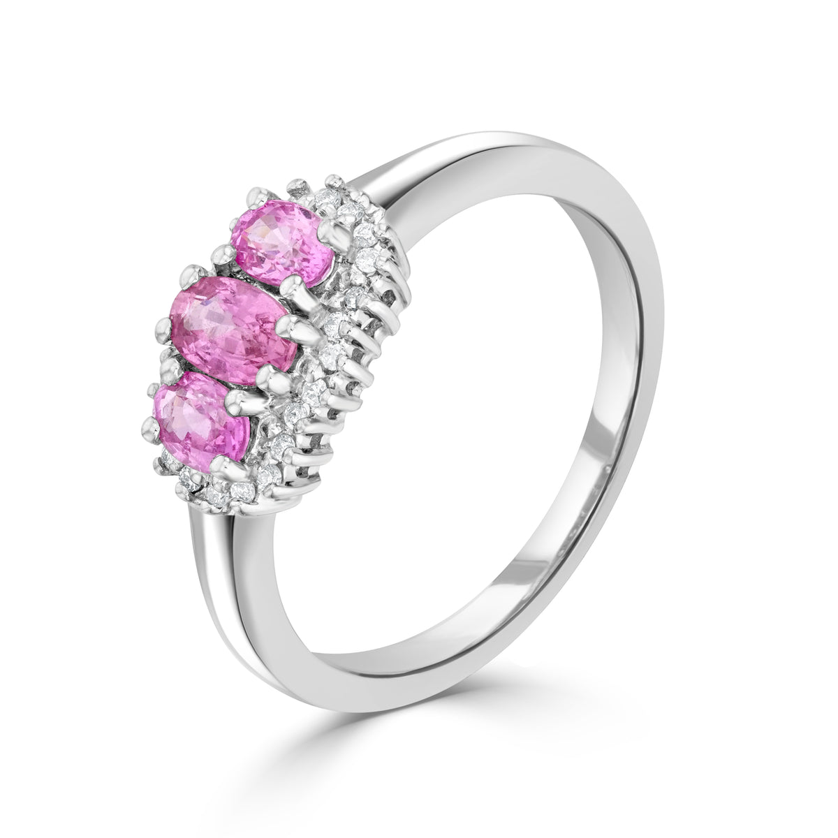 9CT WG OVAL PINK SAPPHIRE AND DIAMOND TRIPLE CLUSTER RING